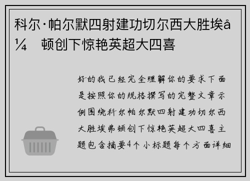 科尔·帕尔默四射建功切尔西大胜埃弗顿创下惊艳英超大四喜
